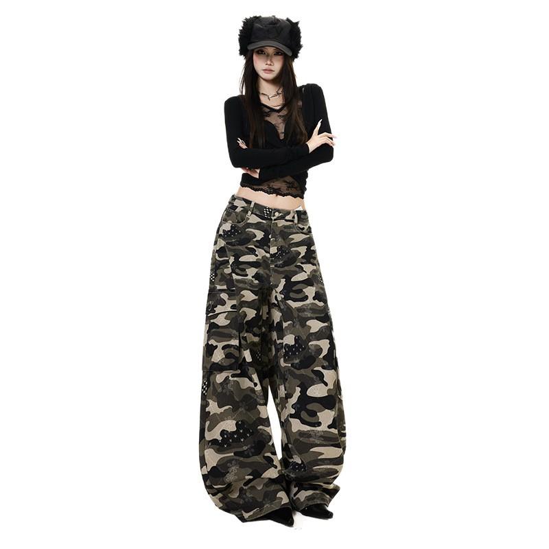 American camouflage tooling jeans autumn and winter design sense thin scimitar pants loose casual wide-leg pants