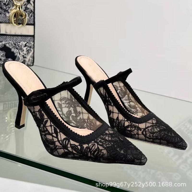 D2024 Весенние кружевные сетчатые туфли на плоской подошве с острым носком: Сандалии с ремешком сзади в стиле феи для женщин