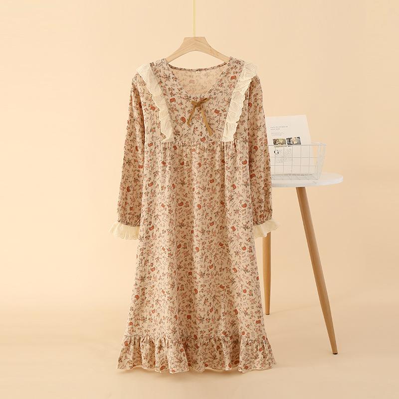 Cotton crepe pajamas women's spring and summer long-sleeved home skirts soft retro loose pajamas loungewear thin