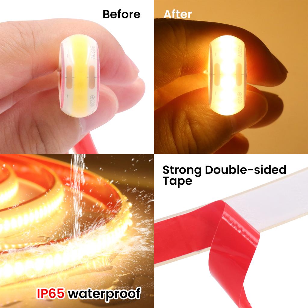 High Bright 220V 230V COB Strip Waterproof With/No Switch Plug 288LEDs/M White Natural Warm Flexible Ribbon LED Light Home Decor