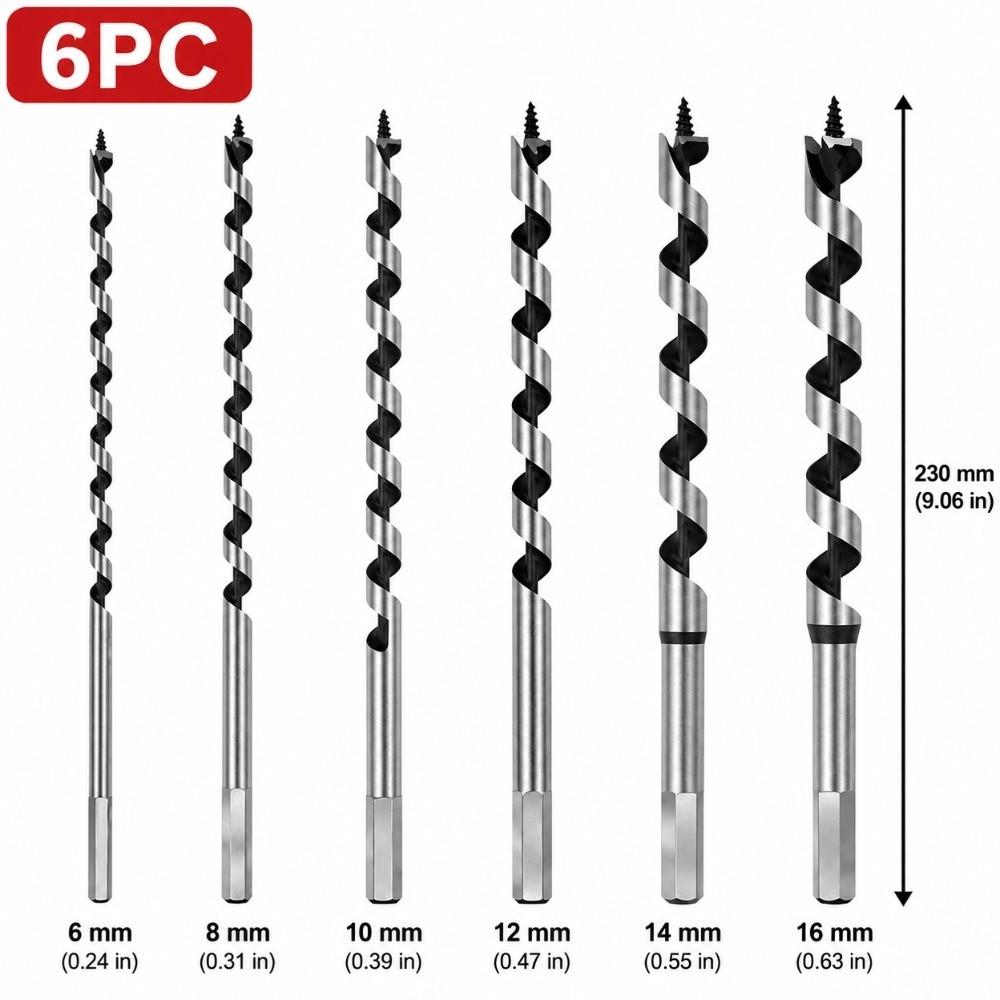 6pcs Hex Shank Auger Drill Bit Set Twist Design Long Auger Bits Wood Hole Reaming Tool  For Plastic