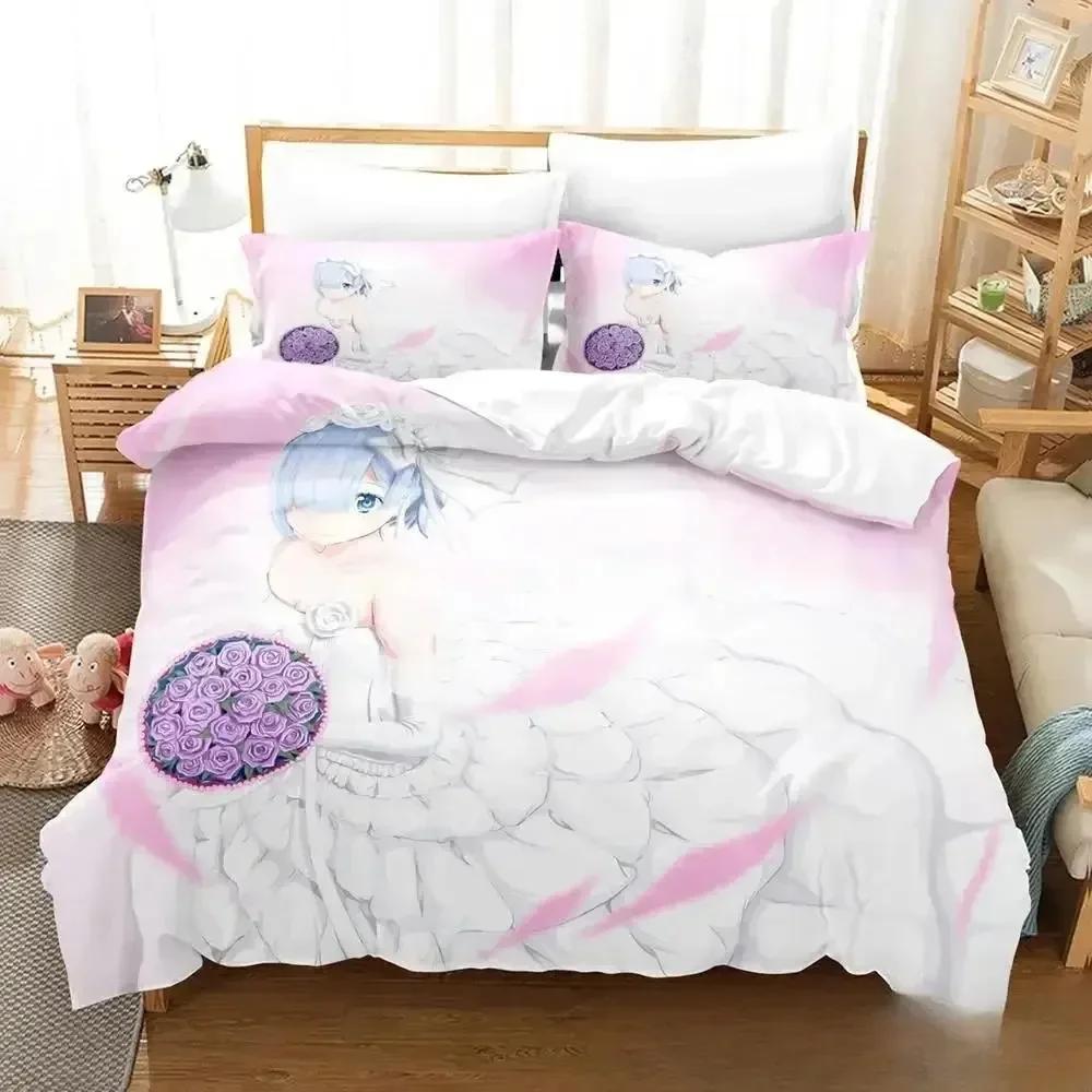 Comforter 3D Anime Re Zero Rem Ram Emilia Bedding Set Bed Set Comforter King Queen Size Boys Adult