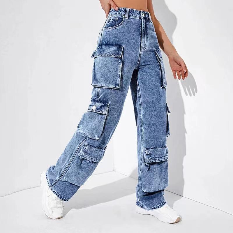 Women's Multi-pocket Washed Loose Jeans Y2K Hip-hop Harajuku Casual High Waist Wide Pants