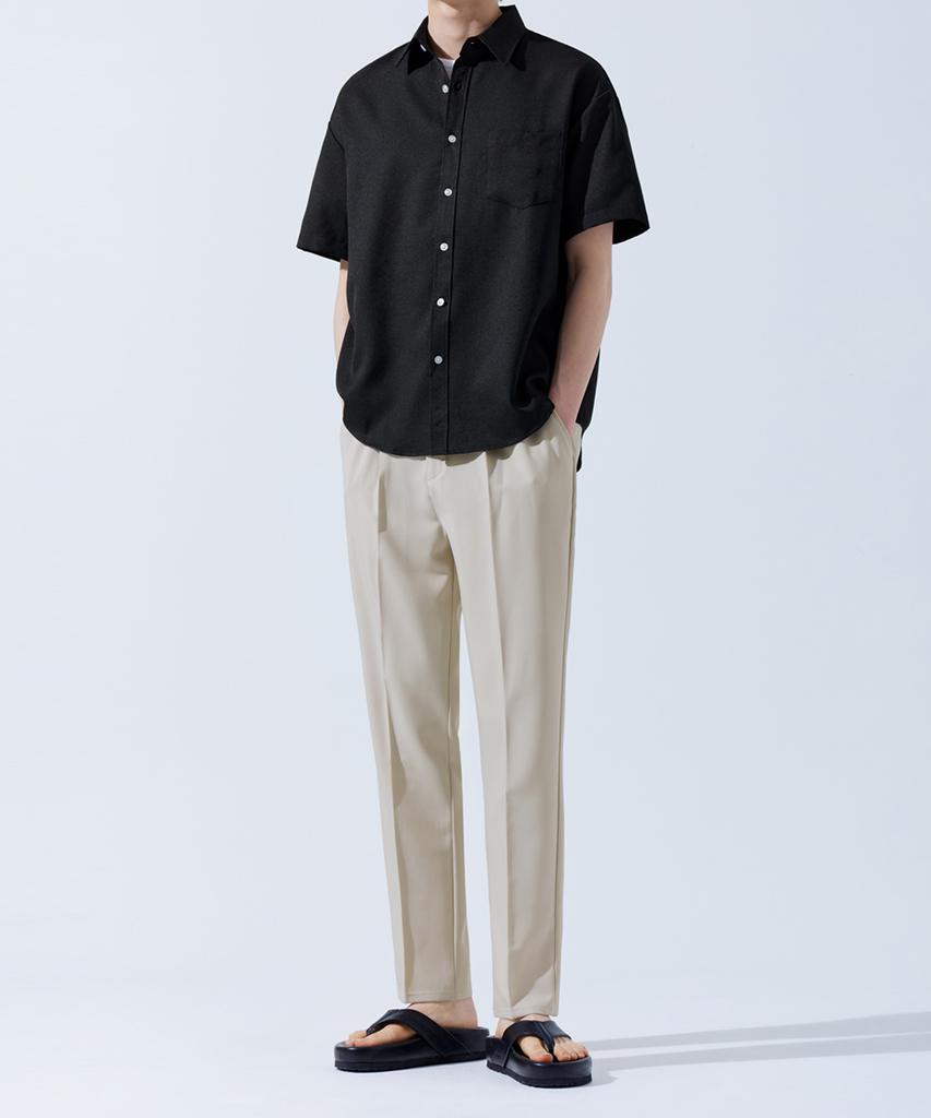 TOPBOY Solid Wrinkle-Free Loose Fit Plain Short Sleeve Shirt Black