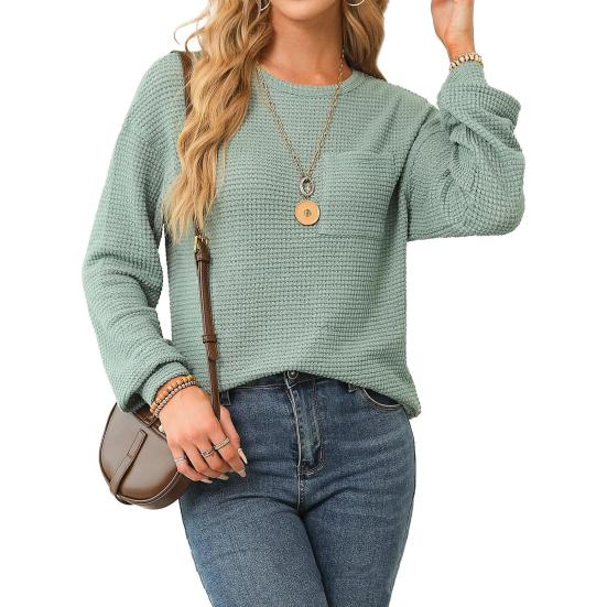 Женские топы с круглым вырезом и длинным рукавом, однотонная свободная футболка, эластичная повседневная блузка