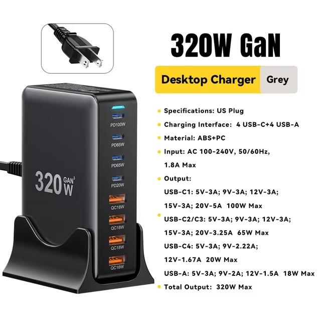 Essager 320 Вт GaN Fast Desktop 8-портовое USB Type C PD зарядное устройство Быстрая зарядка для iPhone 16 15 14 13 Huawei Samsung Xiaomi Laptop iPad
