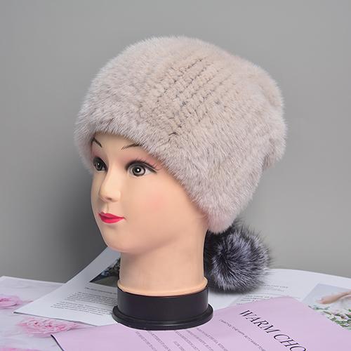 Natural Mink Fur Hat for Women New Winter Warm Hats with Balls Luxury Lady Knitted Stretch Real Mink Fur Christmas Hat