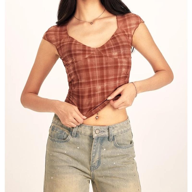 Американский топ, женские летние 2024, открытая спина и нагрудник, шикарная простая футболка для девочек Y2k, сексуальные модные повседневные красные, черные клетчатые футболки