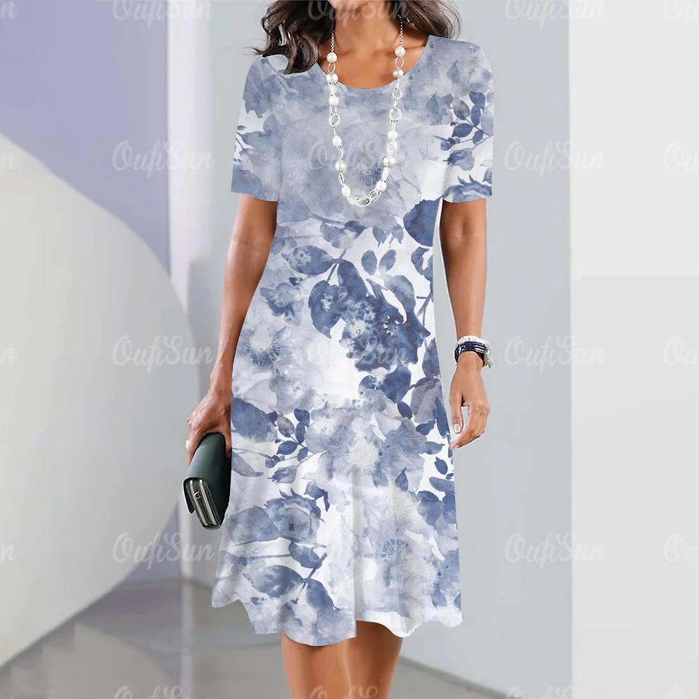 Классическая женская одежда Платья Летние красные наряды Простая женская одежда Цветочный принт Платье Свободная юбка-трапеция с круглым вырезом