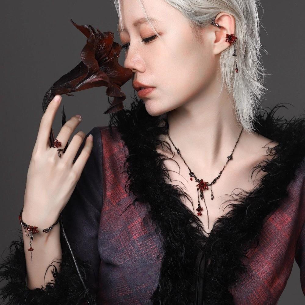 Dark Red Mandala Flower Jewelry Punk Style Necklace Retro Earring Women Accessories