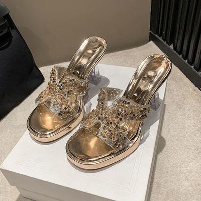 Нишевые хрустальные туфли на толстом каблуке, женские, 2025 лето, новая модная универсальная удобная крутая обувь с открытым носком