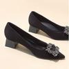 Shallow Mouth Pointed Work Shoes Soft Sole Black High Heels Spring New Rhinestone Thick Heel Single Shoes Women's Middle Heel