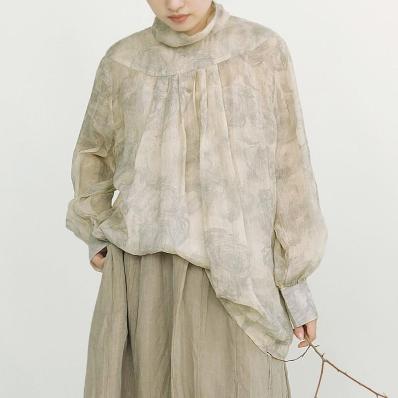 Johnature Women Vintage T-Shirts Spring Print Floral High Quality Tees Long Sleeve Turtleneck Fold Women T-Shirts