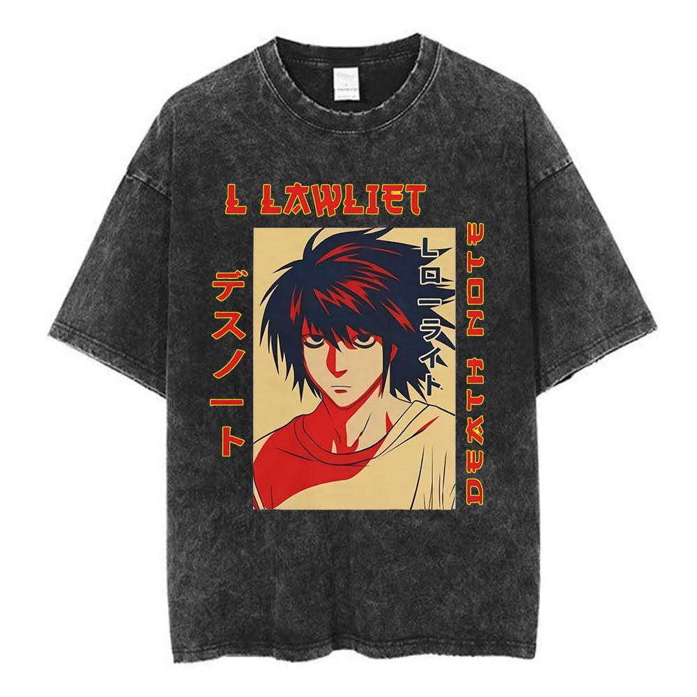 Винтажная стираная аниме манга Т-shirt с логотипом Death Note Мужская Женская Печатная футболка Летняя Повседневная Модная одежда Топы Высокое качество Streetwear