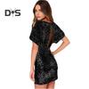Women Mini Dress Round Neck Hollow Short Sleeve Backless Short Dress Glitter Sequins Hip Wrapped Party Dress