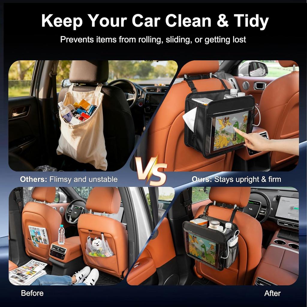 Car Organizer Bag for Back Seat Front Seat or Between Seats Premium PU Leather Hanging Storage Caddy with Tablet Holder Tissue Box Cup Bottle Holders