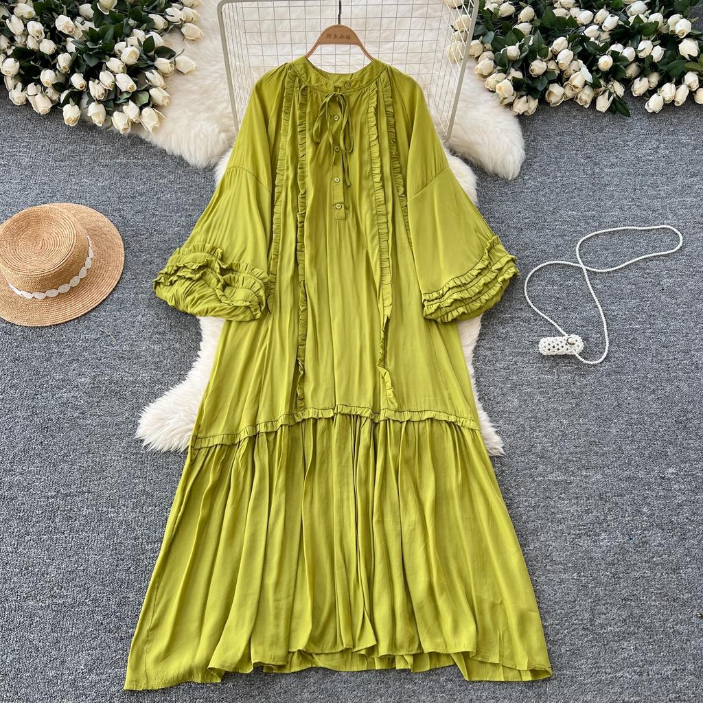 Винтажное однобортное платье с круглым вырезом на шнуровке, модное, с длинными рукавами, элегантное, свободное, с оборками, корейская женская одежда High Street