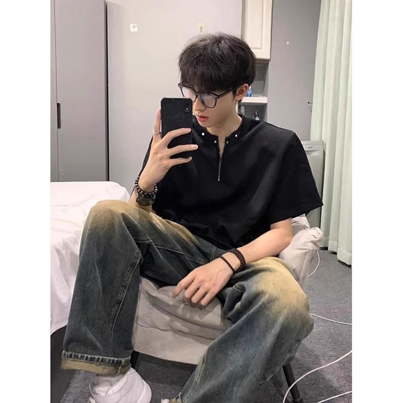 Premium half zipper shoulder pad t-shirt men's cleanfit short sleeve American high street rivet design half sleeve top