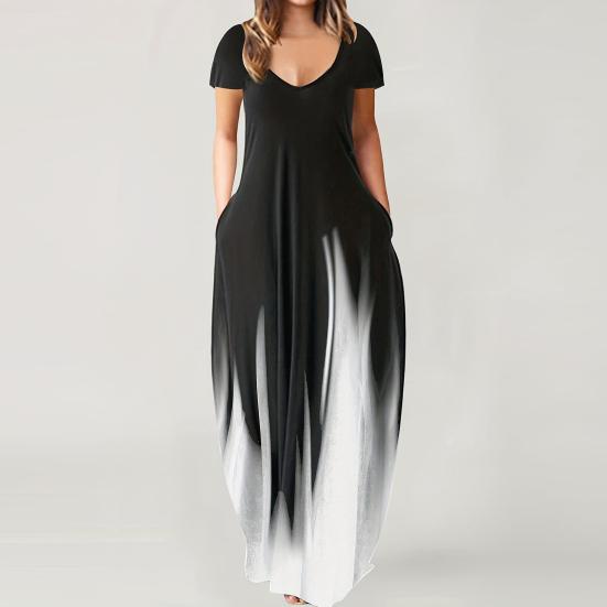 Женское летнее платье с глубоким вырезом и V-образным вырезом с коротким рукавом и контрастным градиентом цвета Свободные карманы длиной до пола Мягкое дышащее повседневное повседневное платье макси