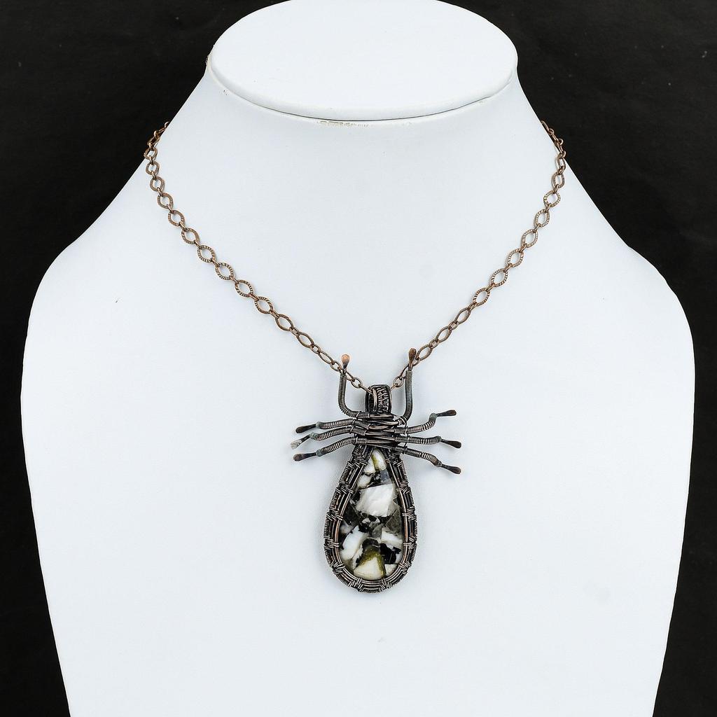 Медный кулон Черный и Белый Бирюзовый Медный кулон с обмоткой из проволоки Драгоценный камень Кулон Паук Медные украшения для подарка Дизайнерский кулон ручной работы