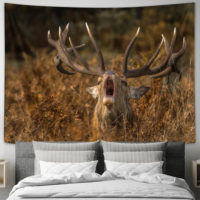 Majestic Stag Roaring In Autumn Forest Wall Tapestry Machine Washable All Season Decor Print Home Decoration Polyester Fabric