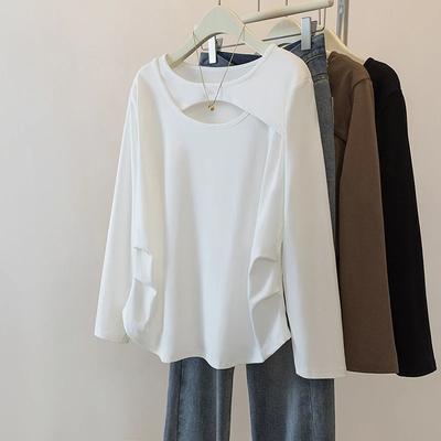Полая универсальная футболка с длинным рукавом для женщин в осеннем новом стиле, облегающая, с неровным низом, для ношения под одеждой