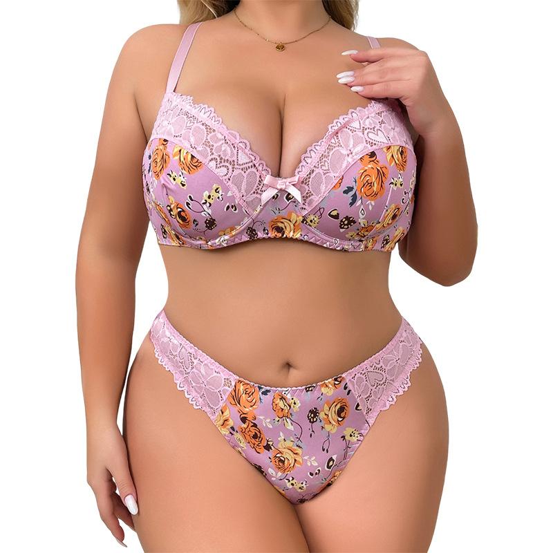 European and American Peony Print Plus Size Underwear Women's Lace Splicing Bra Side Breast Gathering Two-Piece Set