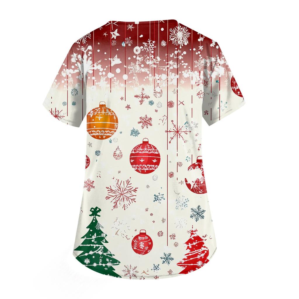 Женская мода V-образный вырез короткий рукав рабочая одежда с карманом рождественский принт топ