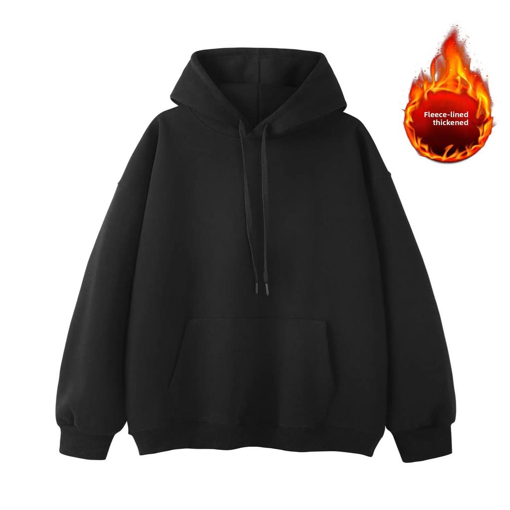 Autumn Winter Hooded Sweatshirt Thickened Long Sleeve Fleece Lined Pure Color Loose Fit Korean Style Casual Youth Fashion