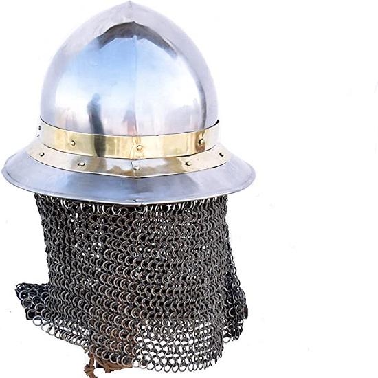 Средневековый византийский шлем-чайник 16 калибра с 9-мм плоским кольцом, клепаная кольчуга, серебристый
