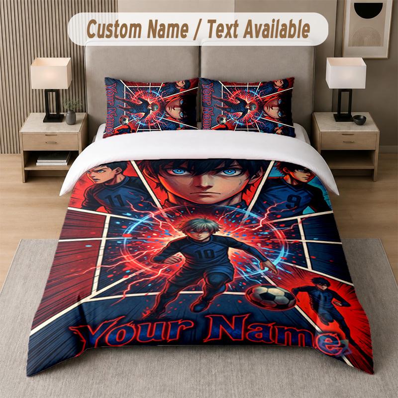 Blue Lock 3Pcs Bedding Set, Personalized Custom Name Text, 1 Duvet Cover & 2 Pillowcases For Bedroom