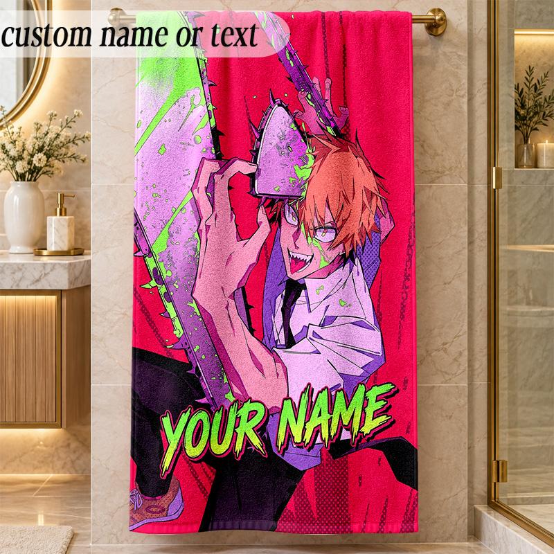Beach TowelChainsaw Man Custom Name Text Personalized Soft Towel for Beach Pool Indoor Home Decor Gift