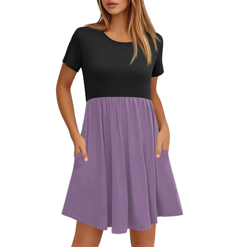 Женские модные повседневные свободные платья с круглым вырезом и коротким рукавом с цветными блоками и карманами