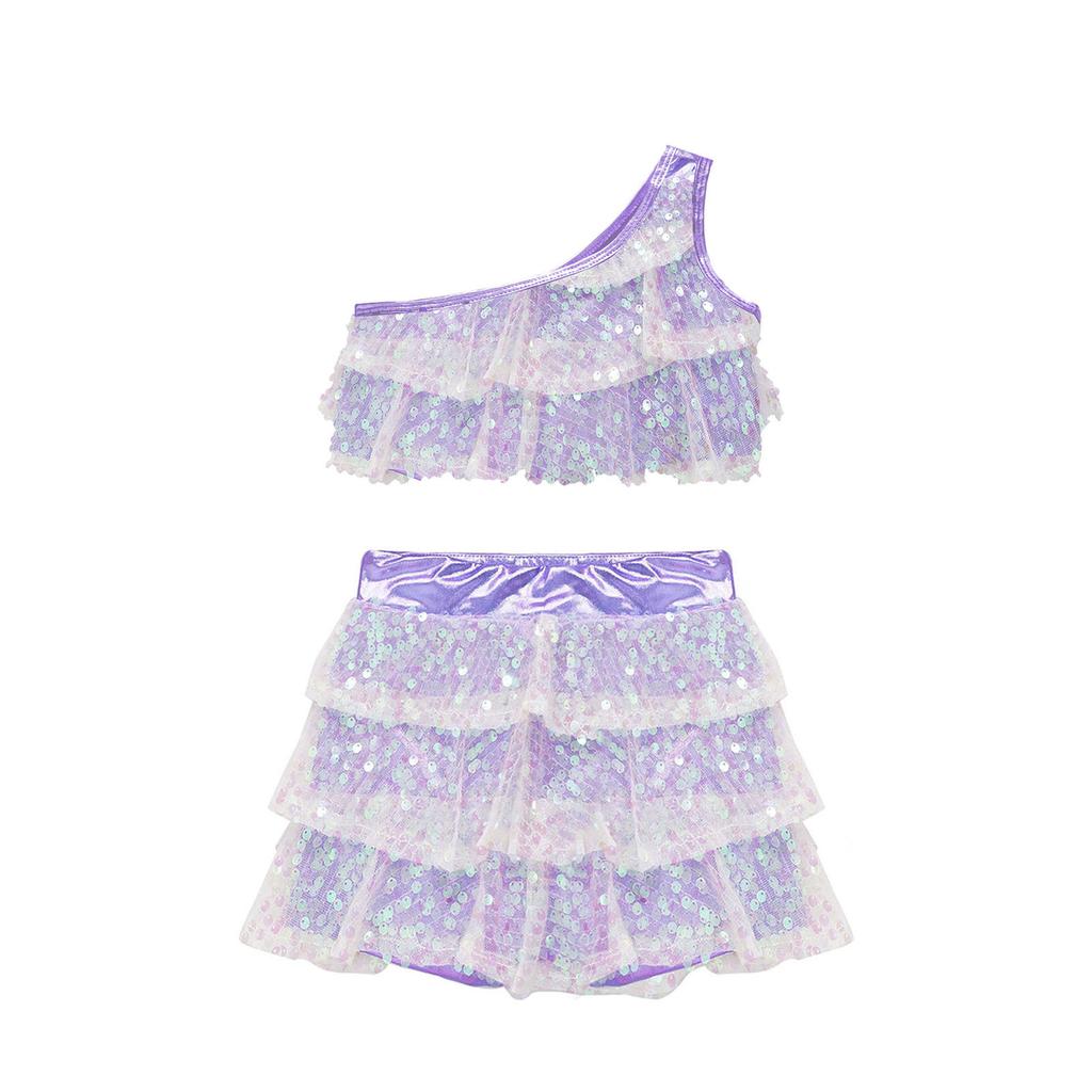 Kids Girls Sparkly Sequins Dance Outfits Sleeveless Tank Crop Top with Skirt Hip Hop Jazz Latin Stage Costume