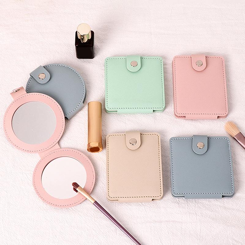 2-стороннее зеркало для макияжа, однотонное, из искусственной кожи, простое, портативное, складное, для студентов, компактное, симпатичное, карманное зеркало