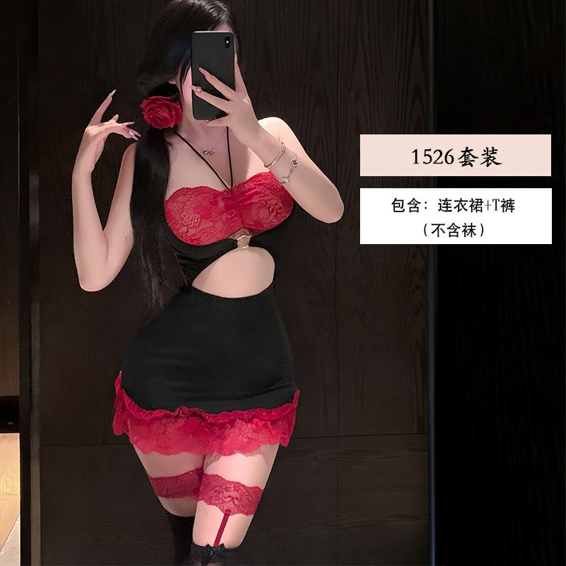 Erotic Underwear Sexy Lace Seductive hip-Hugging Dress Women Bareback Pure Desire Nightclub Uniform Pajama Set 1526