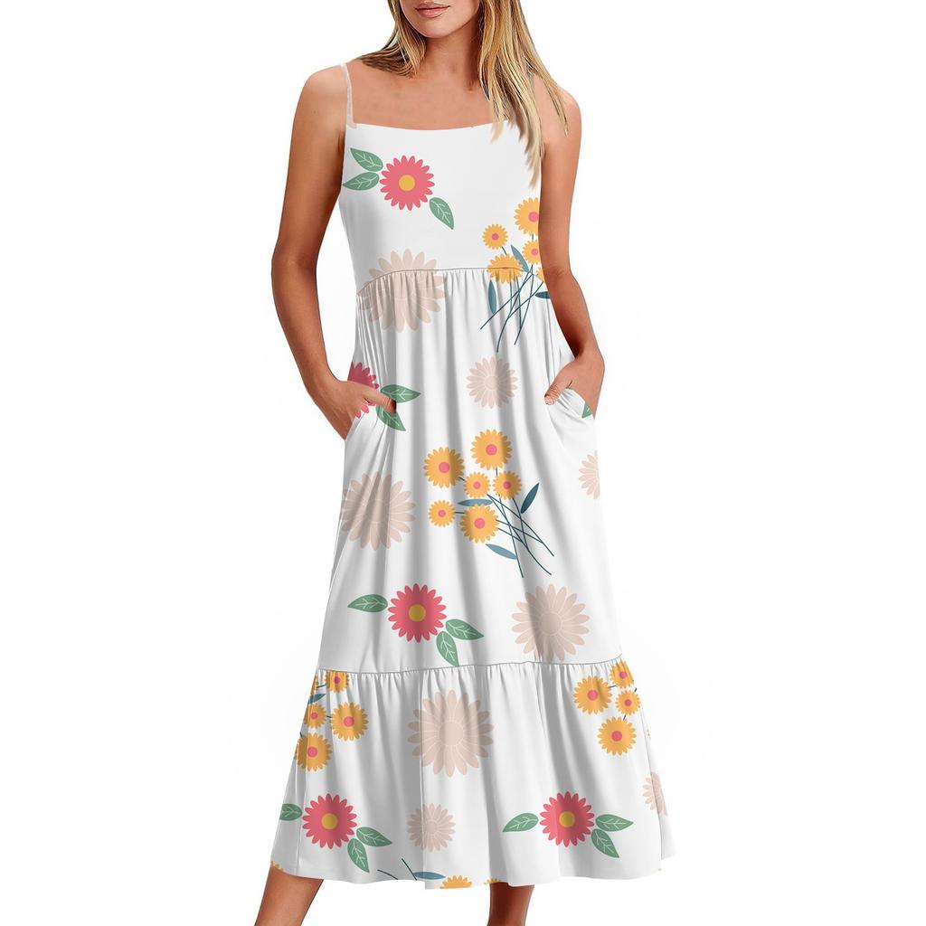 Women's Long Beach Casual Elegant Spaghetti Strap Maxi Dress Floral Low-key Flowing Bohemian Dress