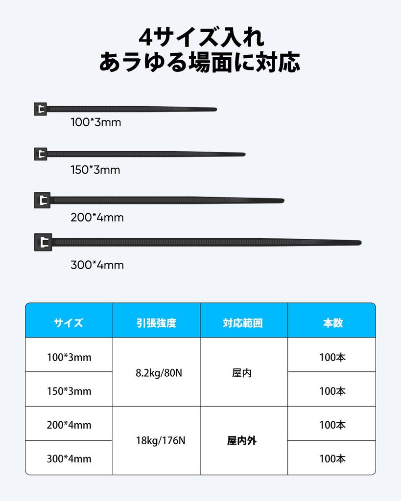 Кабельные стяжки Highwings, 400 шт., 4 размера, прочные, атмосферостойкие, черные, нейлоновые, самозапирающиеся, для наружного использования, садоводства, мотоциклов и кабелей