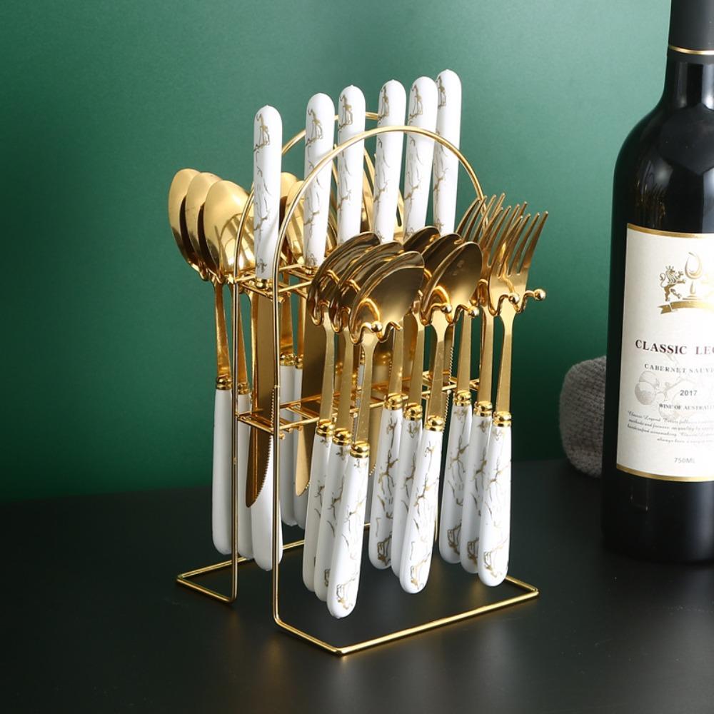24pcs Stainless Steel Marbled Tableware Set Nordic Style Flatware Kit  Housewarming Gift