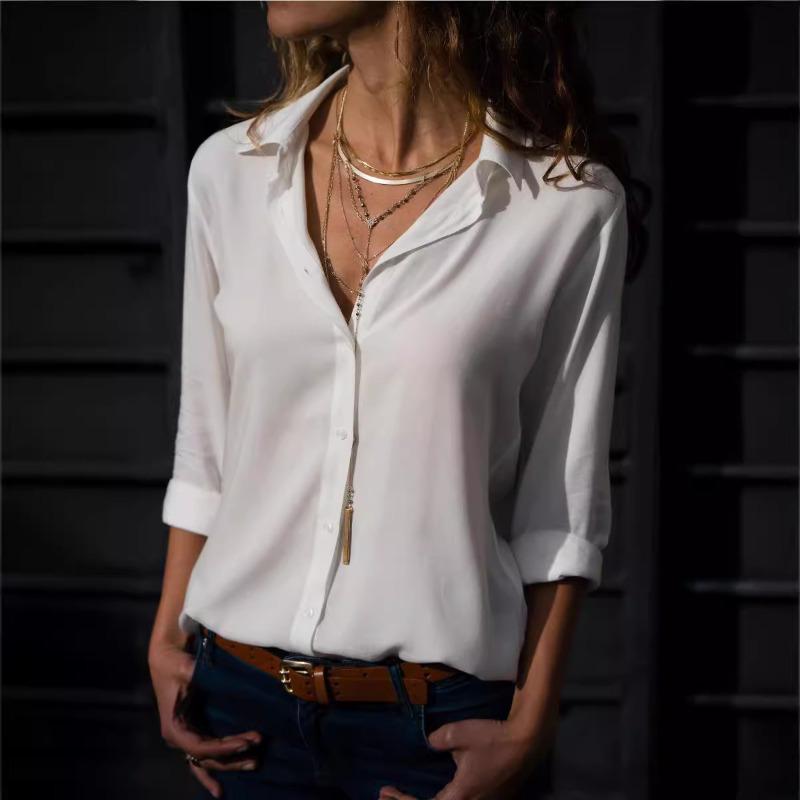 European and American For Women Clothing Popular Long-sleeved Women Lapel Button-down Shirt Top