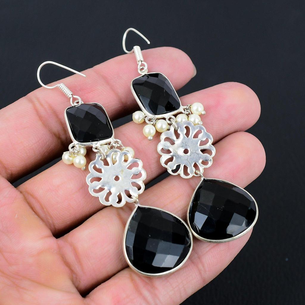 Halloween Deal 925 Silver Natural Black Spinel Sister Boho Dangle Drop Earrings