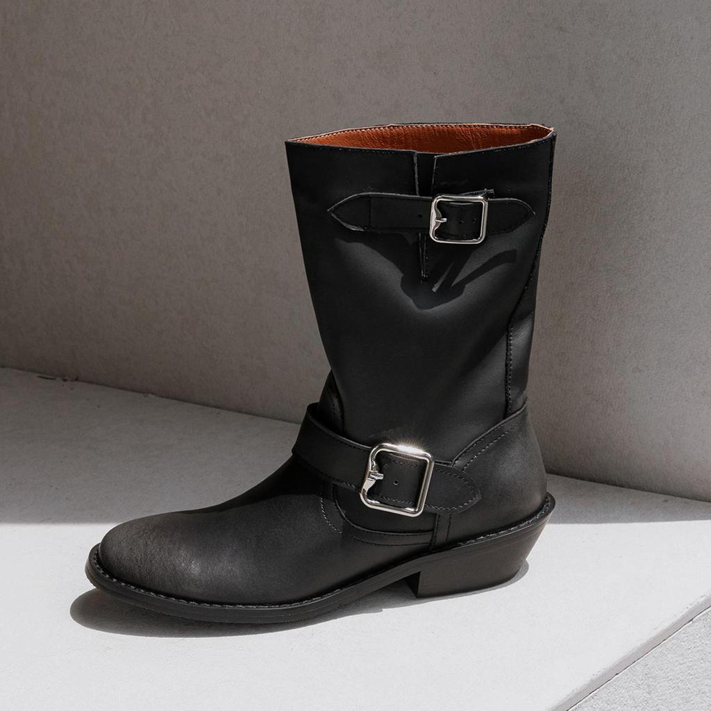 Krazing Pot Осенне-зимняя обувь из коровьей замши и нубука, модные ботинки с круглым носком, сохраняющие тепло, на среднем каблуке, с пряжкой на ремне, с отделкой до середины голени