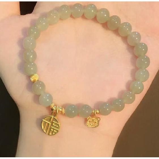 Peach Blossom Beaded Bracelet with Handmade Beads and Hetian Jade Fortune Charm, Chinese Style Niche Design, New Model for Women