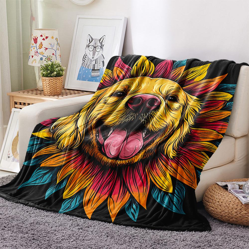 Sunflower Dog Print Flannel Blanket, High quality Comfortable for All Seasons, Home Decor, Warmth and Comfort, Perfect for Christmas Gifts
