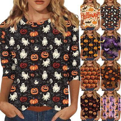 Женская модная повседневная футболка с рукавом три четверти и принтом на Хэллоуин, с круглым вырезом