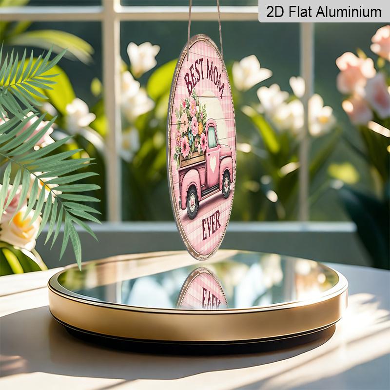 2D Flat, Best Mom Aluminum Sign- Round Pink Truck Design with Floral Motif, Spring Wall Art Decor for Home, Living Room, Dining Room, Cafe Decoration