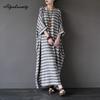 Plus Size Summer Autumn Women Long Gown Oversized Striped Gray Khaki Loose Vintage Dress Batwing Sleeve Cotton Linen Retro Dress