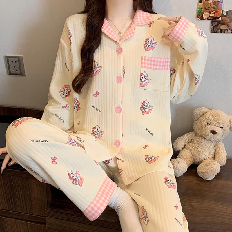 Air cotton sandwich pajamas women's autumn and winter long-sleeved cute dachshund dog polka dot warm loungewear set