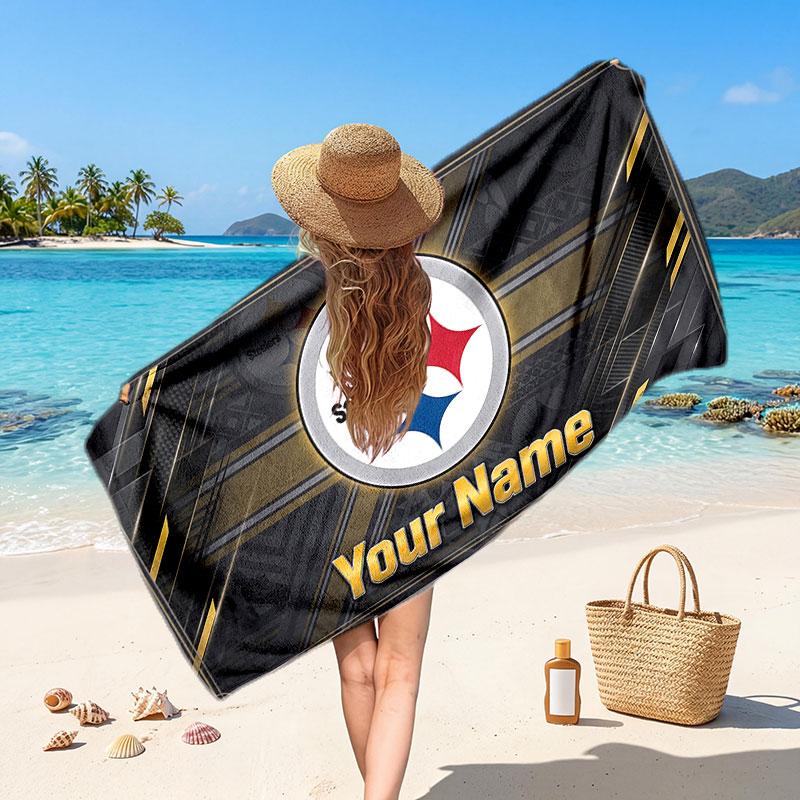 Pittsburgh Steelers Customized Name Text Beach Towel, Soft Absorbent Towel Beach Pool Travel Personal Gift