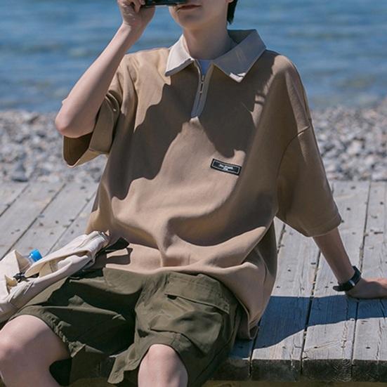 Spring Men Cargo Shirt Turn-down Collar Half Zipper Loose Japanese Style Mid Length Solid Color Half Sleeves Pullover Streetwear Outdoor Top